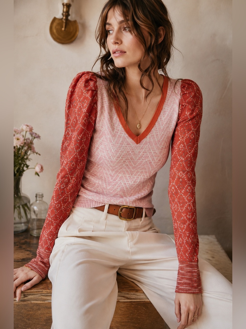 Anthropologie Cherie Puff-Sleeved V-Neck Sweater Size XS
